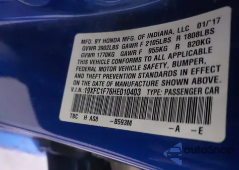 2017 Honda Civic Exl from USA, damaged, VIN 19XFC1F76HE010403